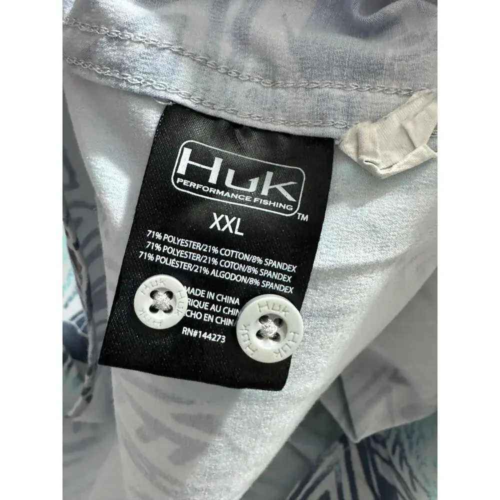 Huk White Blue Swordfish Stretch Button Up Shirt 2XL